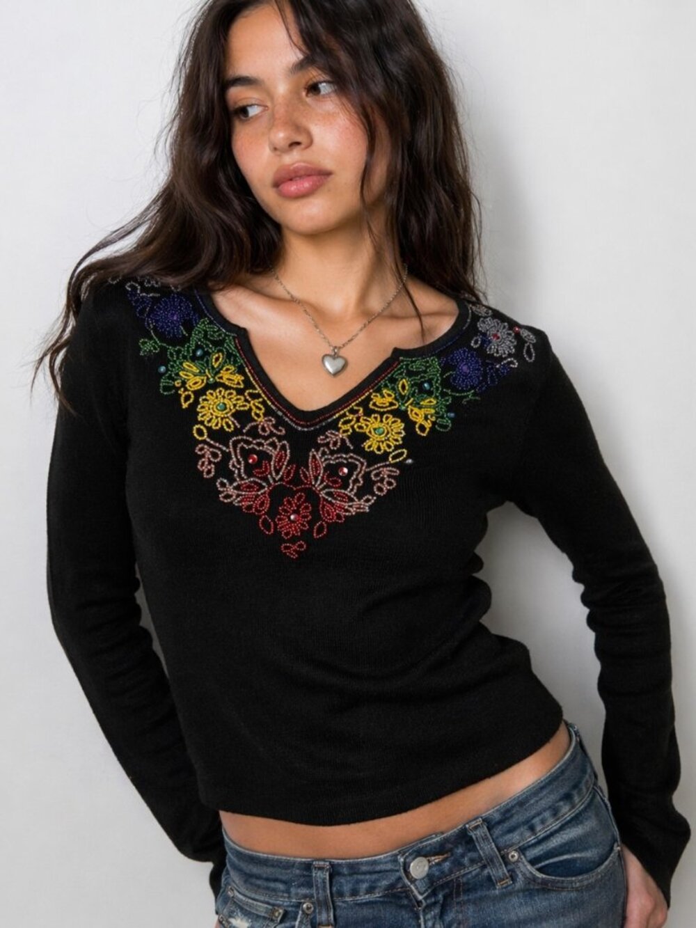 Vintage Sweaterworks Black Embroidered Floral Top Womens Small Boho Y2K Rainbow